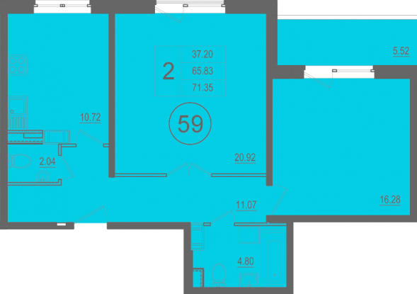 Двухкомнатная квартира 71 м²
