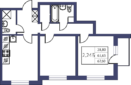 Двухкомнатная квартира 67.6 м²