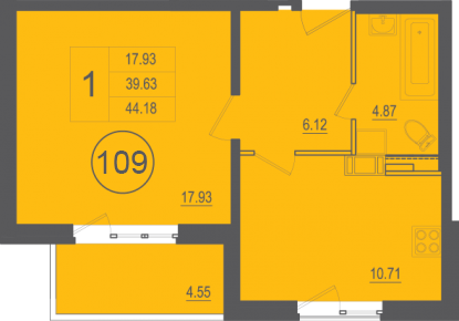 Однокомнатная квартира 44 м²