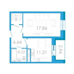 Однокомнатная квартира 43.54 м²