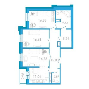 Трёхкомнатная квартира 98.62 м²