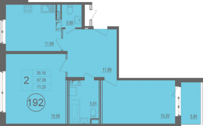 Двухкомнатная квартира 71 м²