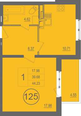 Однокомнатная квартира 44 м²