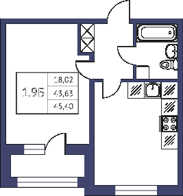 Однокомнатная квартира 45.4 м²