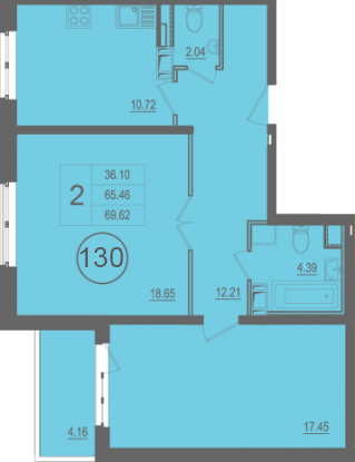 Двухкомнатная квартира 70 м²